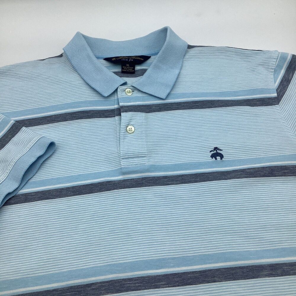 Brooks Brothers Mens Slim Fit Short Sleeve Linen Blend Polo Blue Striped Size XL